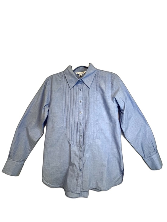 CAbi Tops - CAbi Light Blue Chambray Button-Front Pleated Pintuck Long Sleeve Blouse